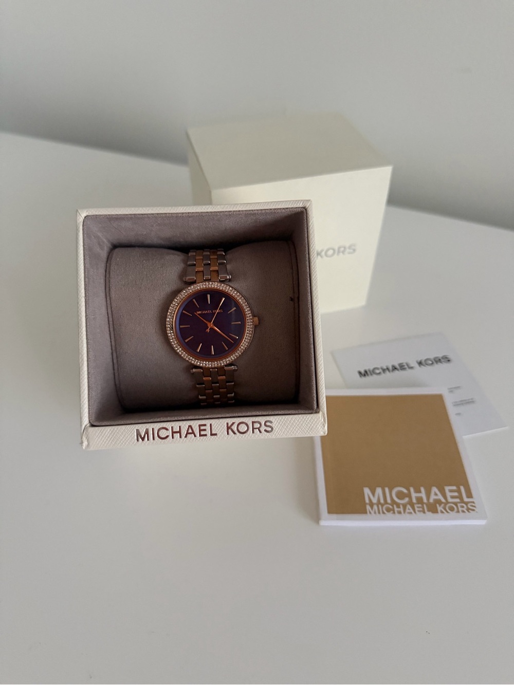 Michael Kors Rose Gold-Tone Bracelet Watch with Purple Dial